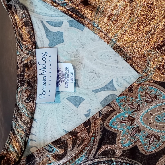 Pamela McCoy 3/4 Sleeve Metallic Brown Paisley Top L - Picture 4 of 5